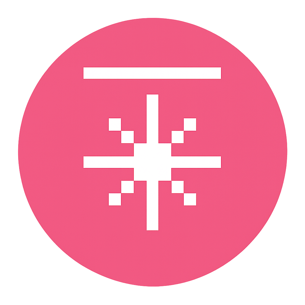 Auto-generated description: A pink circle features a white abstract symbol with horizontal lines and intersecting geometric shapes resembling a star.